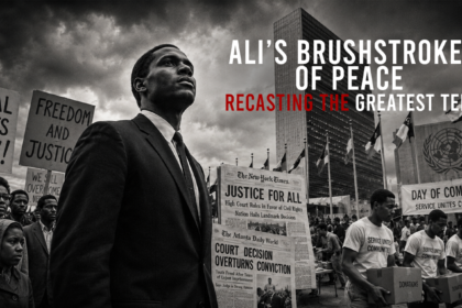 Black-and-white protest scene with a man in a suit among signs demanding equality and justice in a city square.