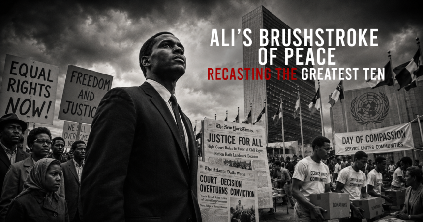 Black-and-white protest scene with a man in a suit among signs demanding equality and justice in a city square.