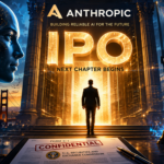 A man in a suit walks toward a glowing IPO gateway labeled IPO, surrounded by AI imagery and financial graphics.
