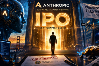 A man in a suit walks toward a glowing IPO gateway labeled IPO, surrounded by AI imagery and financial graphics.