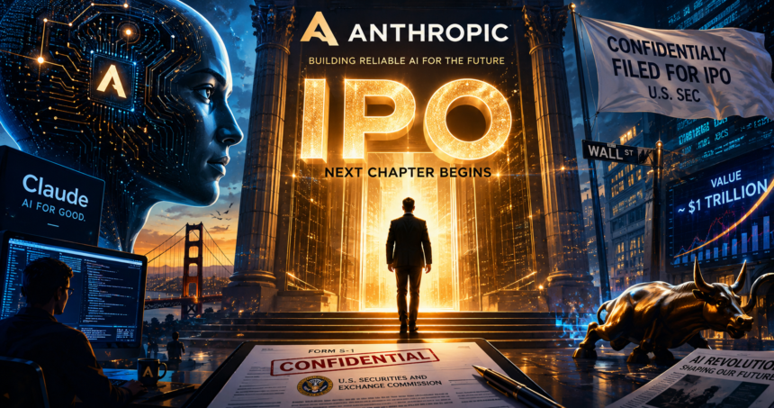 A man in a suit walks toward a glowing IPO gateway labeled IPO, surrounded by AI imagery and financial graphics.