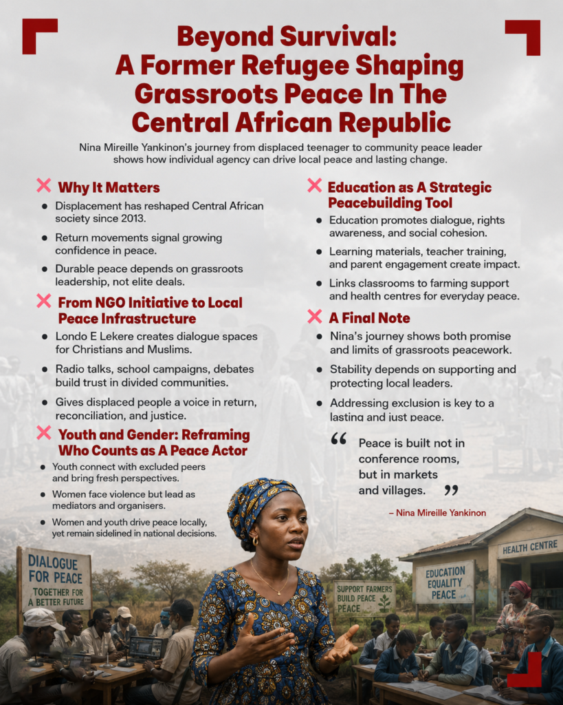 Poster on peacebuilding with a bold red title; a woman in patterned clothing speaks to a community peace gathering outdoors.