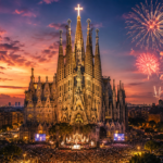 Sagrada Família at dusk with a crowd gathered, candles lit, as fireworks light the sky above Barcelona.
