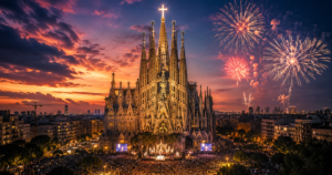 Sagrada Família at dusk with a crowd gathered, candles lit, as fireworks light the sky above Barcelona.