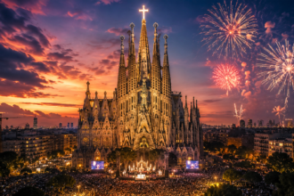 Sagrada Família at dusk with a crowd gathered, candles lit, as fireworks light the sky above Barcelona.