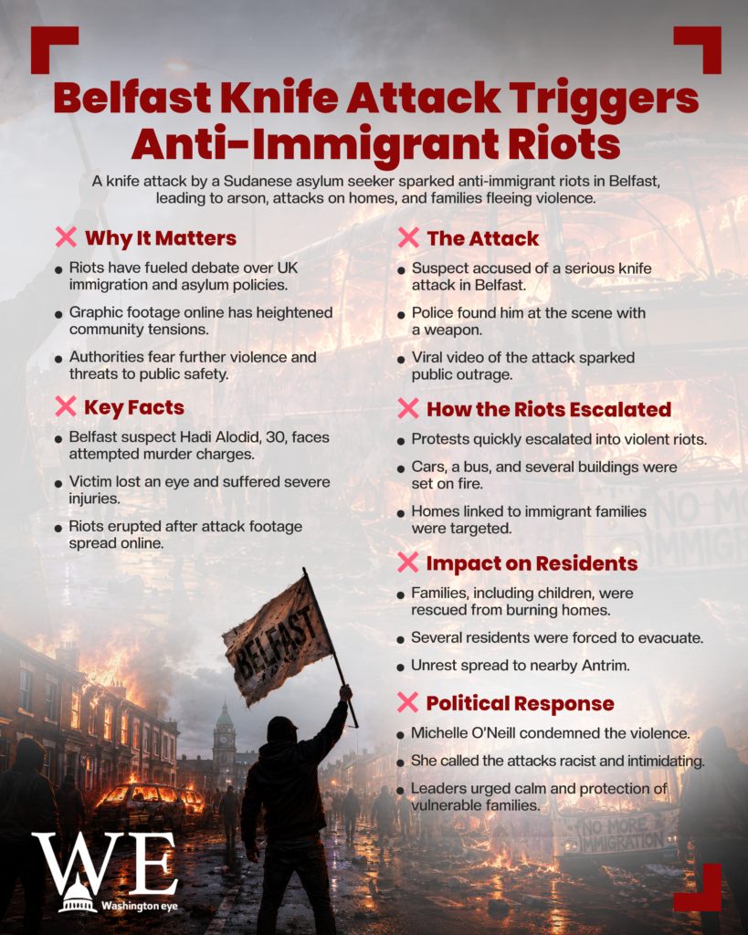 Infographic about Belfast knife attack triggering anti-immigrant riots; background shows a street riot with flames and protesters, with sections like Why It Matters and The Attack clearly visible.
