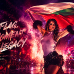 Performer on a neon-lit stage waving a large flag, with the slogan 'HER FLAG. HER MOMENT. HER LEGACY.' on the left panel.