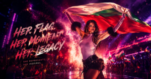 Performer on a neon-lit stage waving a large flag, with the slogan 'HER FLAG. HER MOMENT. HER LEGACY.' on the left panel.