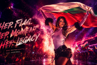 Performer on a neon-lit stage waving a large flag, with the slogan 'HER FLAG. HER MOMENT. HER LEGACY.' on the left panel.