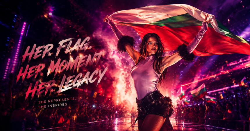 Performer on a neon-lit stage waving a large flag, with the slogan 'HER FLAG. HER MOMENT. HER LEGACY.' on the left panel.