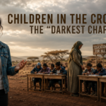 Young girl speaks in front of an outdoor classroom in a desert setting, while students and a teacher sit at desks with signs reading Education for all, Community support, Health services in the background.