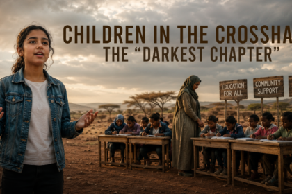Young girl speaks in front of an outdoor classroom in a desert setting, while students and a teacher sit at desks with signs reading Education for all, Community support, Health services in the background.