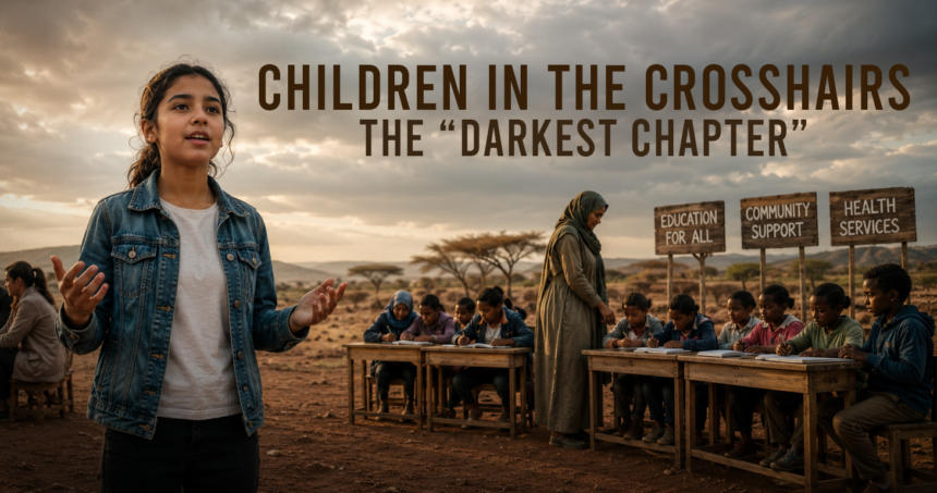 Young girl speaks in front of an outdoor classroom in a desert setting, while students and a teacher sit at desks with signs reading Education for all, Community support, Health services in the background.