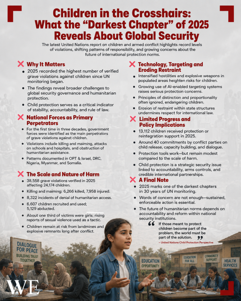Poster about a UN report on children in conflict; foreground shows a girl speaking to a seated audience in a relief setting, with multiple bullet-point sections titled Why It Matters, Technology, and A Final Note in red headings on the page.