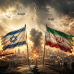 War-torn city with tanks and burning buildings; Israeli and Iranian flags in the foreground as missiles launch across a smoky sky.