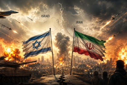 War-torn city with tanks and burning buildings; Israeli and Iranian flags in the foreground as missiles launch across a smoky sky.