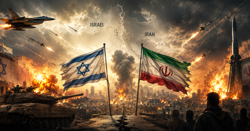 ceasefire on edge as israel and iran resume attacks - graphics copy - washington eye War-torn city with tanks and burning buildings; Israeli and Iranian flags in the foreground as missiles launch across a smoky sky.