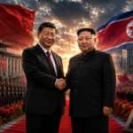 Two leaders shake hands on a red carpet as military and crowds celebrate a China–North Korea summit with large national flags in the background.