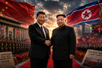 Two leaders shake hands on a red carpet as military and crowds celebrate a China–North Korea summit with large national flags in the background.