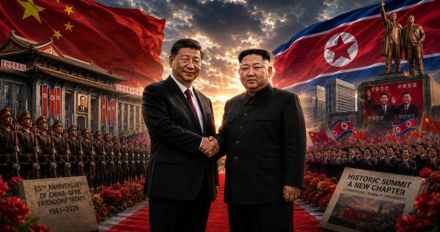 chinese president makes historic visit to north korea after seven years - graphics copy - washington eye Two leaders shake hands on a red carpet as military and crowds celebrate a China–North Korea summit with large national flags in the background.