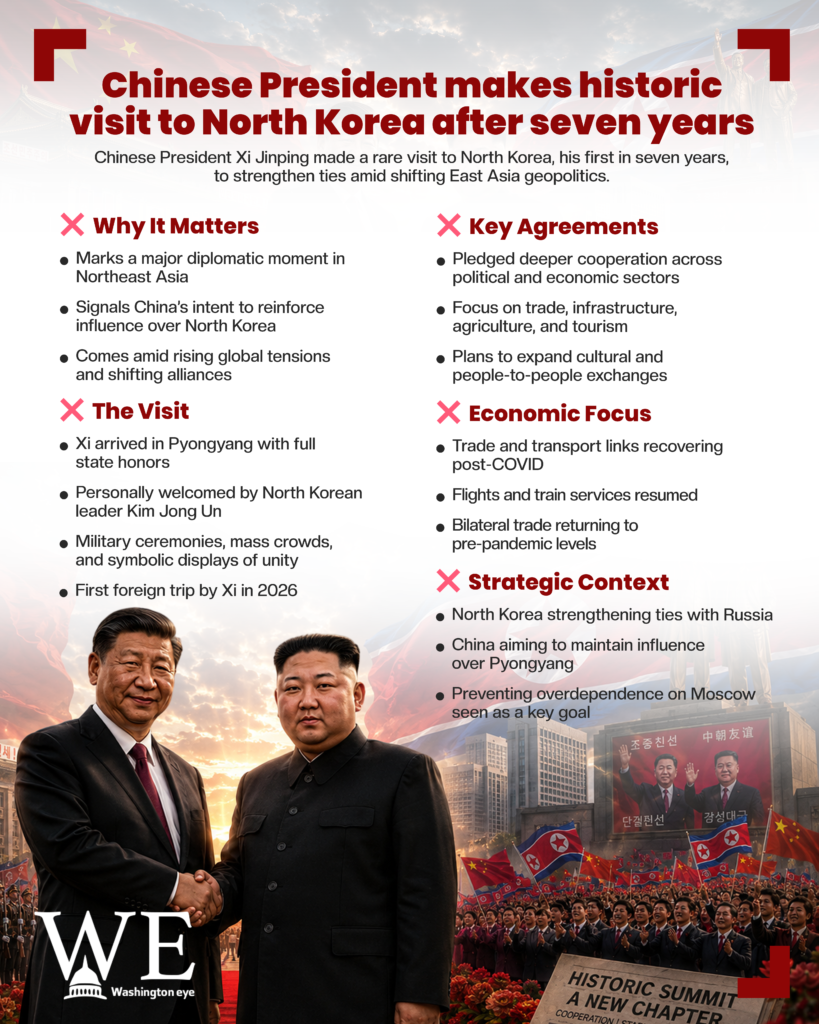 chinese president makes historic visit to north korea after seven years - info graphics copy - washington eye Two men in suits shake hands in front of a large crowd waving red flags, with a bold red headline and patriotic imagery in the background (infographic style).