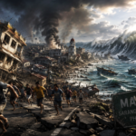Massive tsunami engulfs a coastal town as people flee rubble and boats along a shattered street in the Philippines, with dark smoke rising in the background.