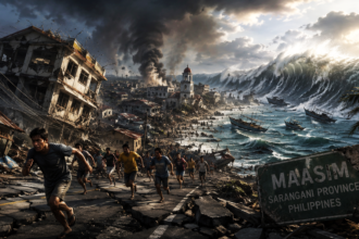 Massive tsunami engulfs a coastal town as people flee rubble and boats along a shattered street in the Philippines, with dark smoke rising in the background.