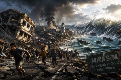 Massive tsunami engulfs a coastal town as people flee rubble and boats along a shattered street in the Philippines, with dark smoke rising in the background.