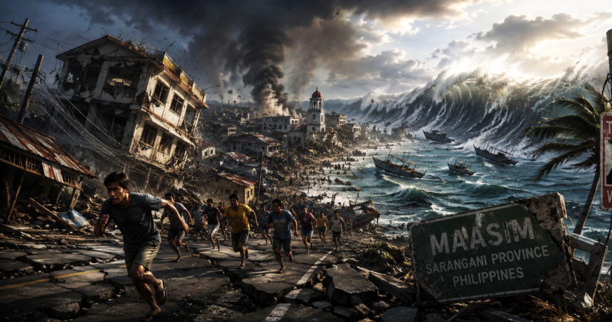 deadly 78 quake rocks philippines sparks tsunami fears - graphics copy - washington eye Massive tsunami engulfs a coastal town as people flee rubble and boats along a shattered street in the Philippines, with dark smoke rising in the background.
