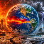 Earth at center amid climate disasters: a fiery sun and burning city on the left, cracked parched ground and boats in a waterlogged foreground, and a massive hurricane with storms on the right.