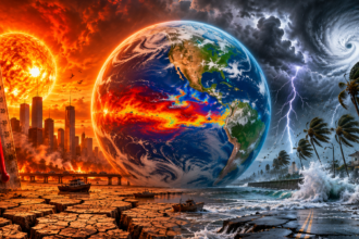 Earth at center amid climate disasters: a fiery sun and burning city on the left, cracked parched ground and boats in a waterlogged foreground, and a massive hurricane with storms on the right.