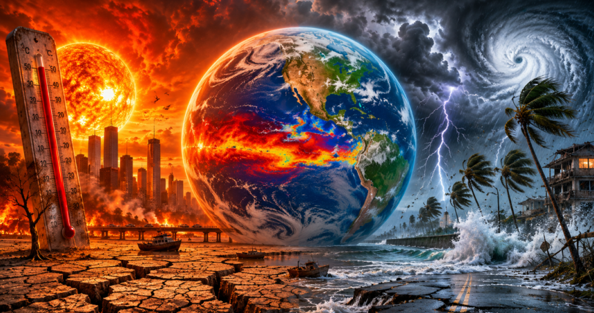Earth at center amid climate disasters: a fiery sun and burning city on the left, cracked parched ground and boats in a waterlogged foreground, and a massive hurricane with storms on the right.