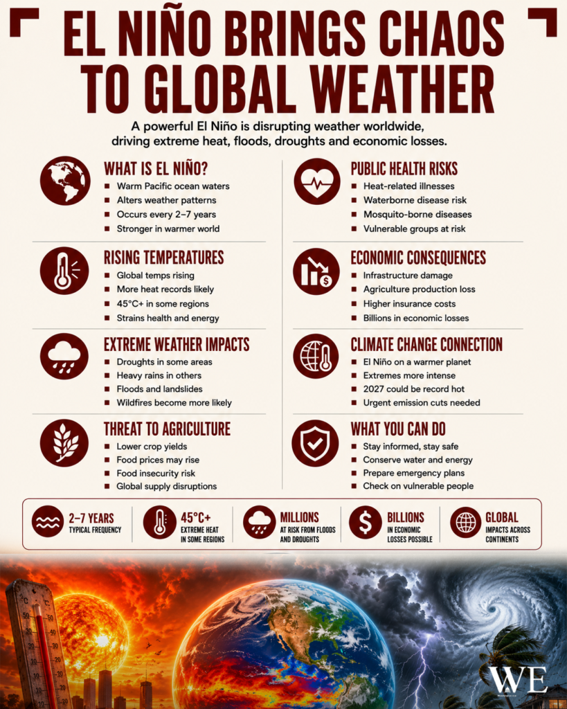 Infographic explaining how El Niño disrupts global weather, with sections on risks, temperatures, extreme weather, agriculture, economy, climate change, and actions you can take.