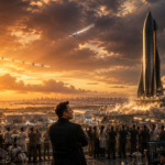Crowd of scientists and engineers watch a rocket launch at sunset from a high terrace with a city skyline in the distance.