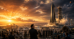 Crowd of scientists and engineers watch a rocket launch at sunset from a high terrace with a city skyline in the distance.