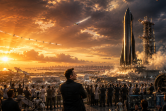 Crowd of scientists and engineers watch a rocket launch at sunset from a high terrace with a city skyline in the distance.