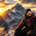 Climber in red and black gear on a snowy ridge at sunset with colorful prayer flags fluttering.
