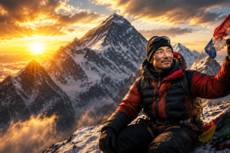 Climber in red and black gear on a snowy ridge at sunset with colorful prayer flags fluttering.
