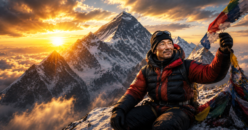 Climber in red and black gear on a snowy ridge at sunset with colorful prayer flags fluttering.