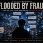 Person with back to camera holding a phone amid a city skyline filled with digital fraud alerts and warning icons at night.
