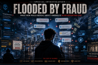 Person with back to camera holding a phone amid a city skyline filled with digital fraud alerts and warning icons at night.