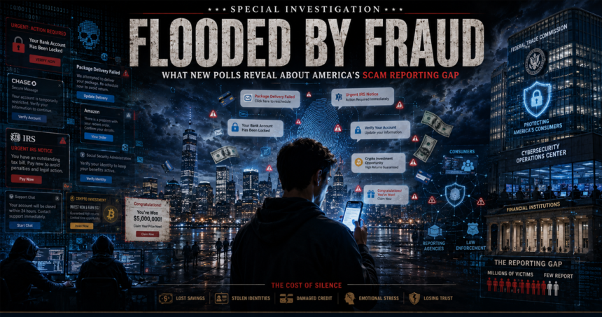 Person with back to camera holding a phone amid a city skyline filled with digital fraud alerts and warning icons at night.
