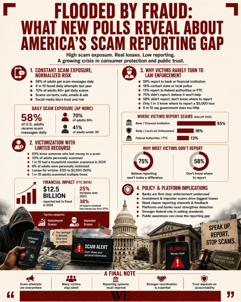 Infographic about fraud reporting gaps, showing statistics on scam exposure, victims, and policy implications with icons and the U.S. Capitol in the background.