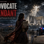 Poster for a documentary showing a woman with files facing the Supreme Court of Pakistan, surrounded by candles and protest photos and a 'War on Terror' file in the foreground.
