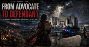 Poster for a documentary showing a woman with files facing the Supreme Court of Pakistan, surrounded by candles and protest photos and a 'War on Terror' file in the foreground.
