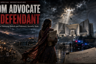 Poster for a documentary showing a woman with files facing the Supreme Court of Pakistan, surrounded by candles and protest photos and a 'War on Terror' file in the foreground.