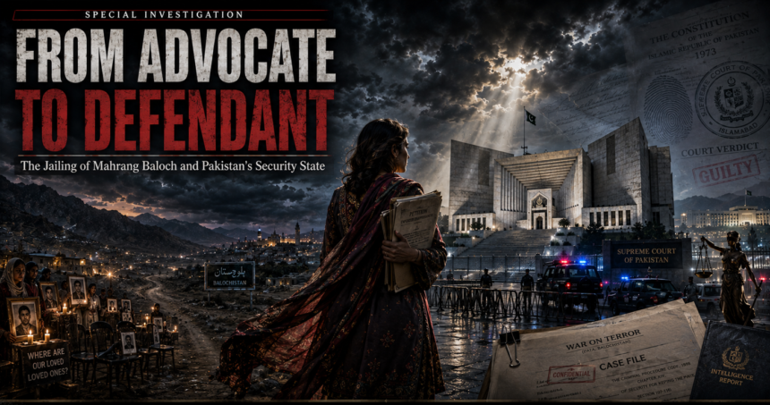 Poster for a documentary showing a woman with files facing the Supreme Court of Pakistan, surrounded by candles and protest photos and a 'War on Terror' file in the foreground.