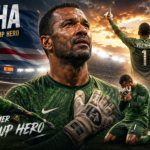 Cape Verde goalkeeper in a green kit, hands together, with a cheering stadium and flag backdrop behind him