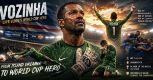 Cape Verde goalkeeper in a green kit, hands together, with a cheering stadium and flag backdrop behind him