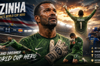 Cape Verde goalkeeper in a green kit, hands together, with a cheering stadium and flag backdrop behind him
